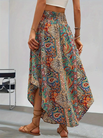 Bohemian Boho Vintage Floral Print Skirts Women Summer High Waist A-Line Pleated Elastic Long Skirts Casual Holiday Beach Skirt