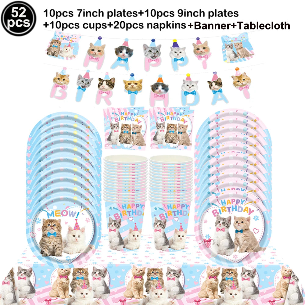 Cat Party Paper Plates Cups Napkins Party Supplies Cat Face Happy Birthday Banner Tablecloth for Cat Themed Birthday Party Decor
