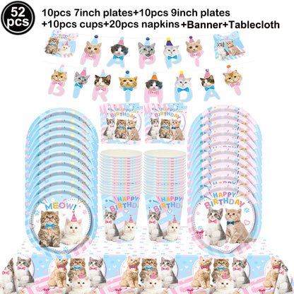 Cat Party Paper Plates Cups Napkins Party Supplies Cat Face Happy Birthday Banner Tablecloth for Cat Themed Birthday Party Decor