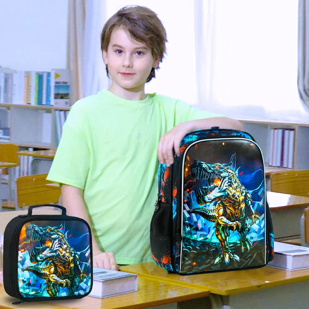 3PCS Backpack for Boys, 16 Inch Dinosaur Preschool Bookbags, Cool Elementary Kindergarten School Backpacks