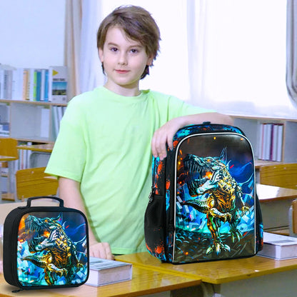 3PCS Backpack for Boys, 16 Inch Dinosaur Preschool Bookbags, Cool Elementary Kindergarten School Backpacks
