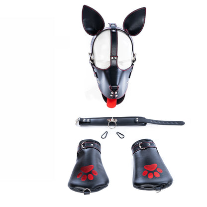 Dog Cosplay Costumes of Leather Restraints Collar and Half Face Mask with Fetish Gloves for Couples Bdsm Slave Bondage Flirting