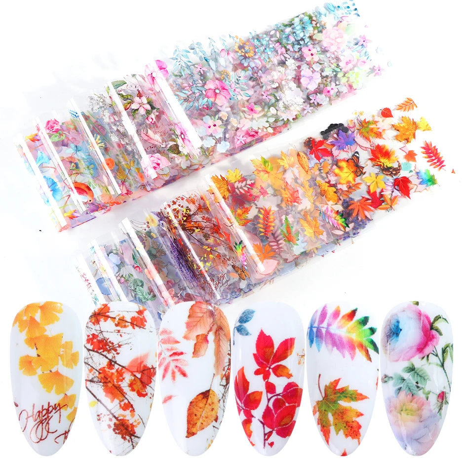 10PCS Mixed Nail Art Foils Transfer Sticker Set Rose Flower Designs Floral Starry Sky Nail Wraps Wedding Summer Manicure Decor
