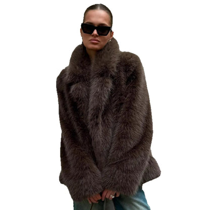 Faux Fox Fur Coats Women Solid Mid Length Jackets Lapel Collar Long Sleeve Furry Outerwear Thick Loose Casual 2025 Autumn Winter