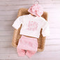 "Hello" Embroidery Newborn Photography Props Infant Romper Jumpsuit with Bow Hat Baby Coming Home Outfit Baby Photo Gift-HD