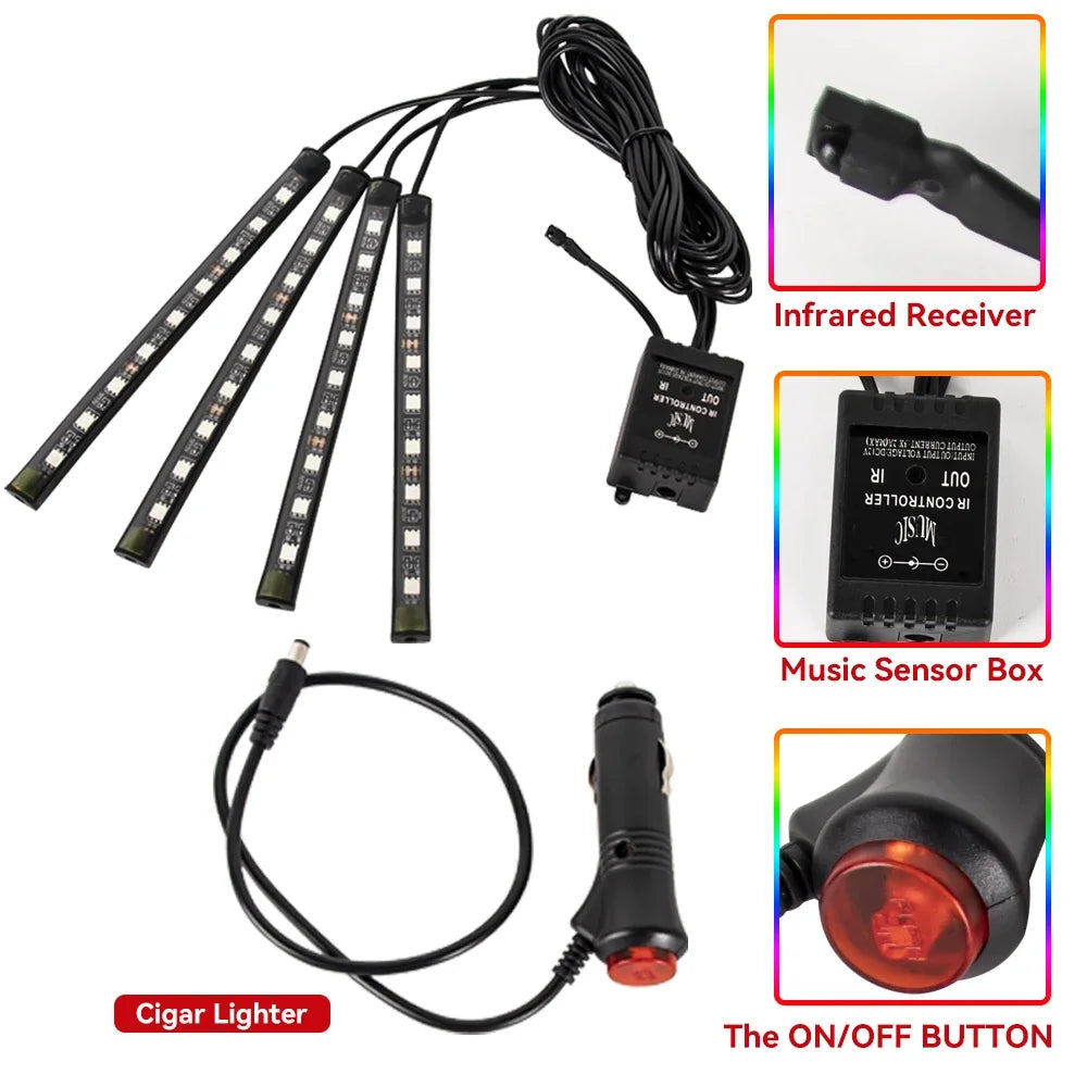 Neon Car Interior Ambient Foot Light with USB Wireless Remote Music App Control RGB 48 LED Atmosphere Decorative Lamp