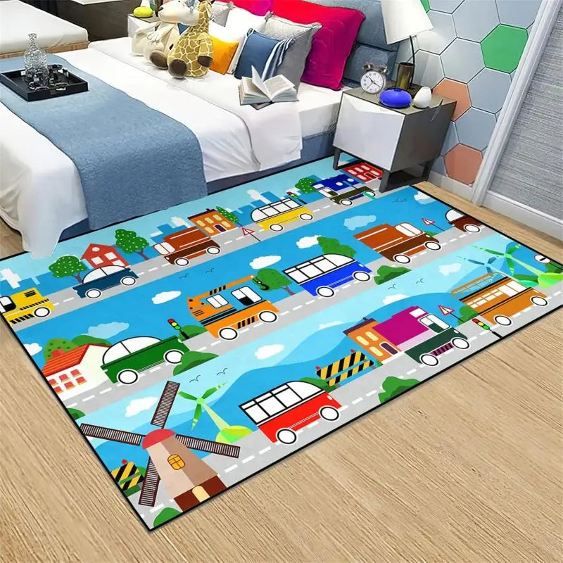 Construction Car Print Area Rug Washable Carpets for Kids Bedroom Living Room Kitchen Entrance Mat Non Slip Flannel Mats