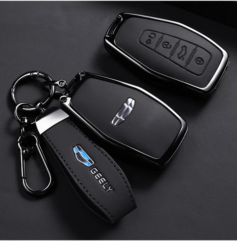 Car Zinc Alloy Leather Key Case Cover Holder Chain For Geely Okavango Coolray Atlas Monjaro Tugella Emgrand GT S Proton X50 X70