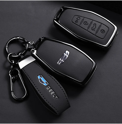Car Zinc Alloy Leather Key Case Cover Holder Chain For Geely Okavango Coolray Atlas Monjaro Tugella Emgrand GT S Proton X50 X70
