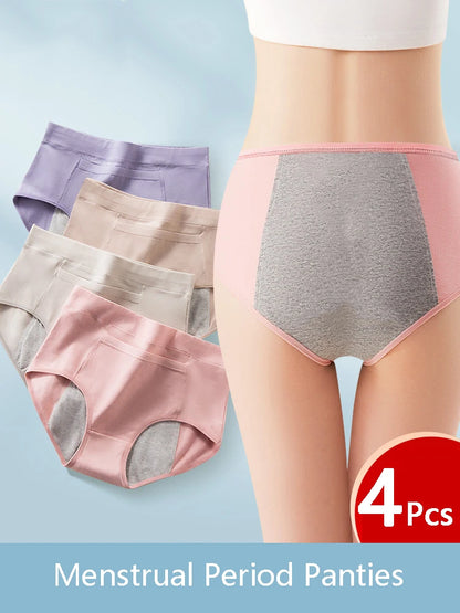 4Pcs Women's Menstrual Panties Physiological Pants Leak Proof Underwear Ladies Period Panty High Waist Cotton Briefs Lingerie