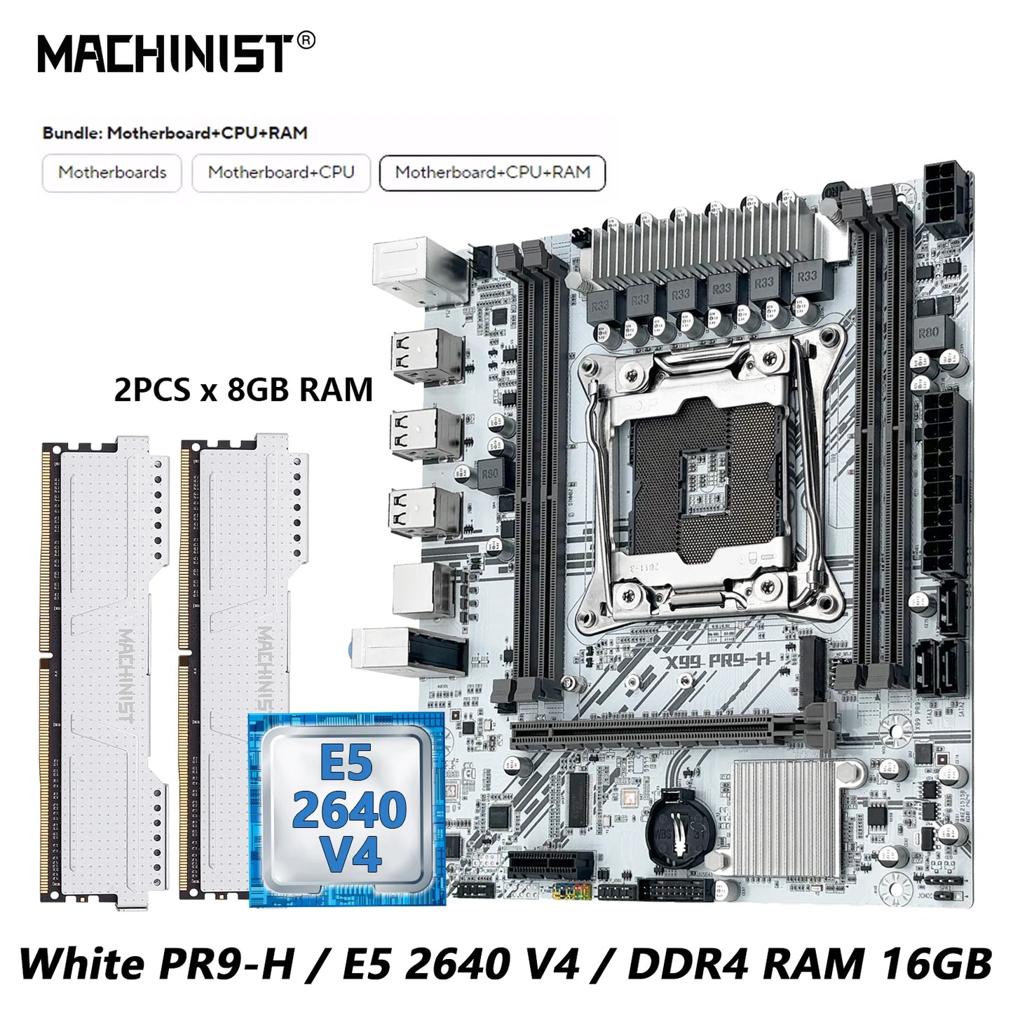 MACHINIST White X99 Motherboard Kit Set Optional Xeon E5 2640 V4 LGA 2011-3 CPU DDR4 2*8G=16GB RAM NVME/SATA M.2 PR9-H Combo