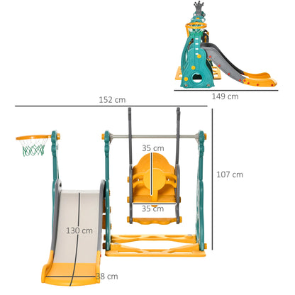4-in-1 children’s slide and swing with basketball hoop, adjustable seat, 152x149x107cm, blue and yellow