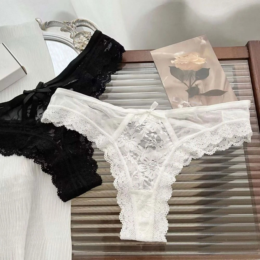 Breathable Patchwork Mesh Floral Bowknot Panties Ruffle Thong Lace Flower Transparent Briefs Low Waist Hollow Out Lady