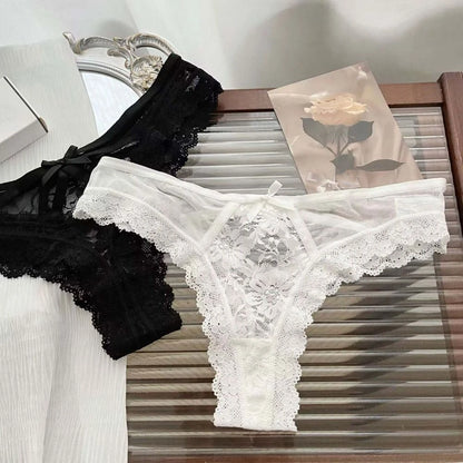 Breathable Patchwork Mesh Floral Bowknot Panties Ruffle Thong Lace Flower Transparent Briefs Low Waist Hollow Out Lady