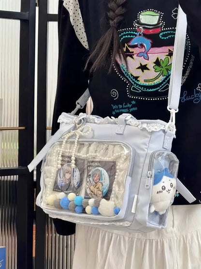 Japanese Sweet Women Ribbon Ita Bag Cute Lolita Girl Transparent Handbags Fashion Large Capacity Tote Bag Aesthetic Shoulder Bag