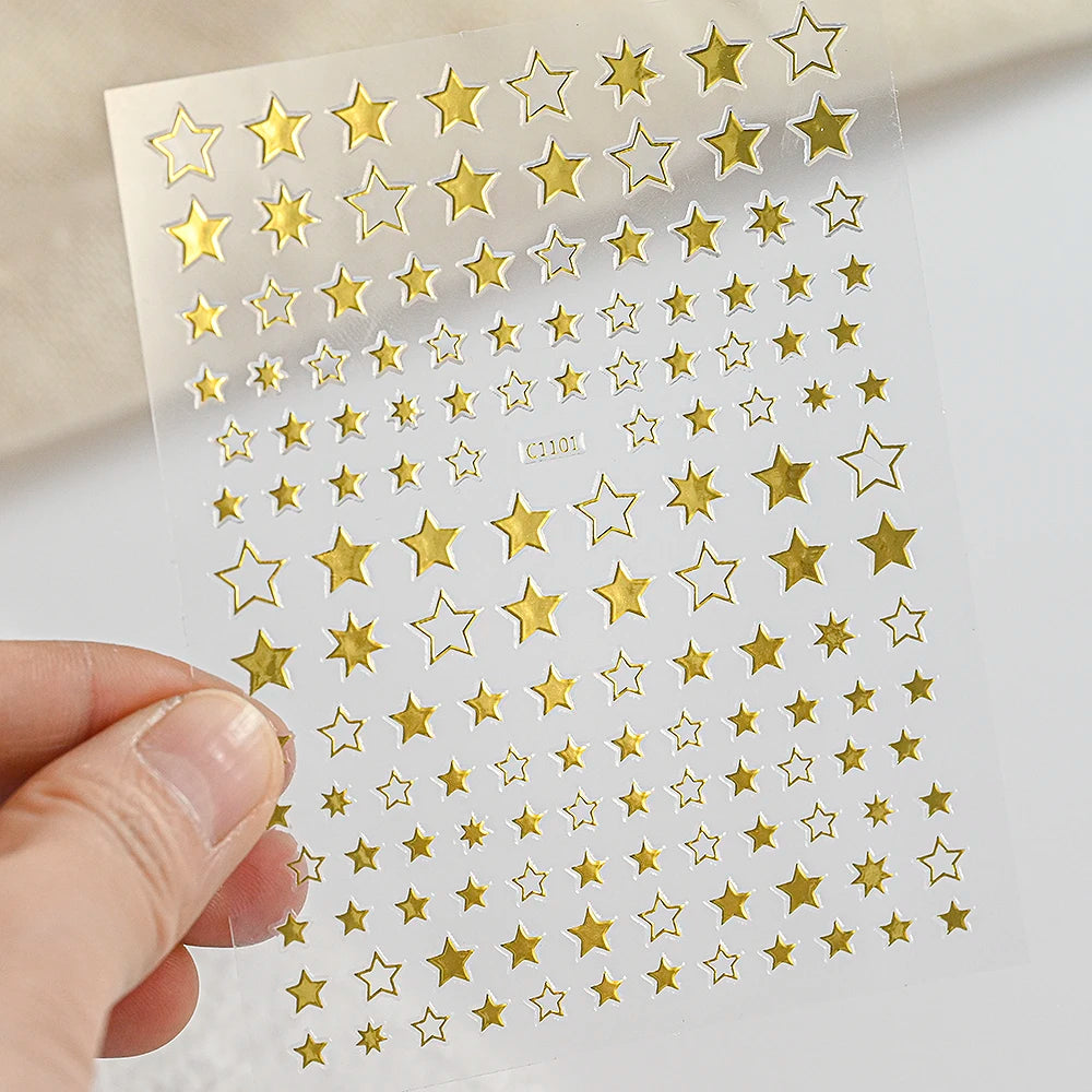 Black White Star 3D Nail Art Sticker Y2K Pentagram Self-Adhesive Decals Laser Shiny Glitters Starlight Manicure Ornaments Slider