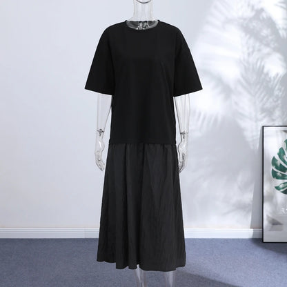 2026 Summer New Loose Patchwork Dresses Women's Pleated Fashion Short Sleeve O-neck Long Robes Female Elegant Casual Dress