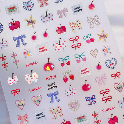 Juicy Red Jelly Tomato Nail Art Sticker Cute Bowknot Glitter Star Kawaii 5D Fruit Self Adhesive Nail Art Decals for Summer DIY