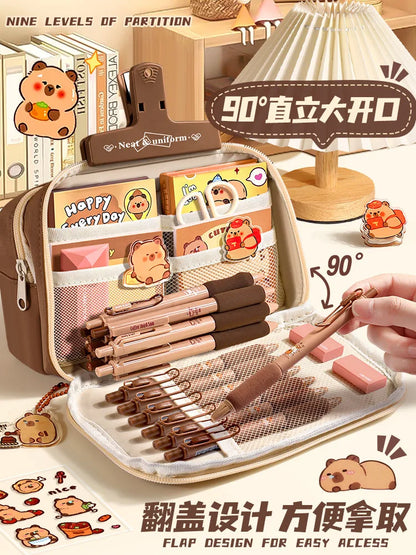 Kawaii Large Capacity Pencil Cases For School Bag Pouch Box 3 Compartments Supply Supplies Girl Boy Kit Cute Stationery Zippers