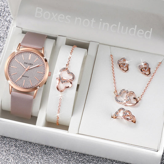 6PCS/Set Fashion Frosted Dial Women's Quartz Watch Leather Band Wrist Watches Heart Jewelry Set（Without Box）