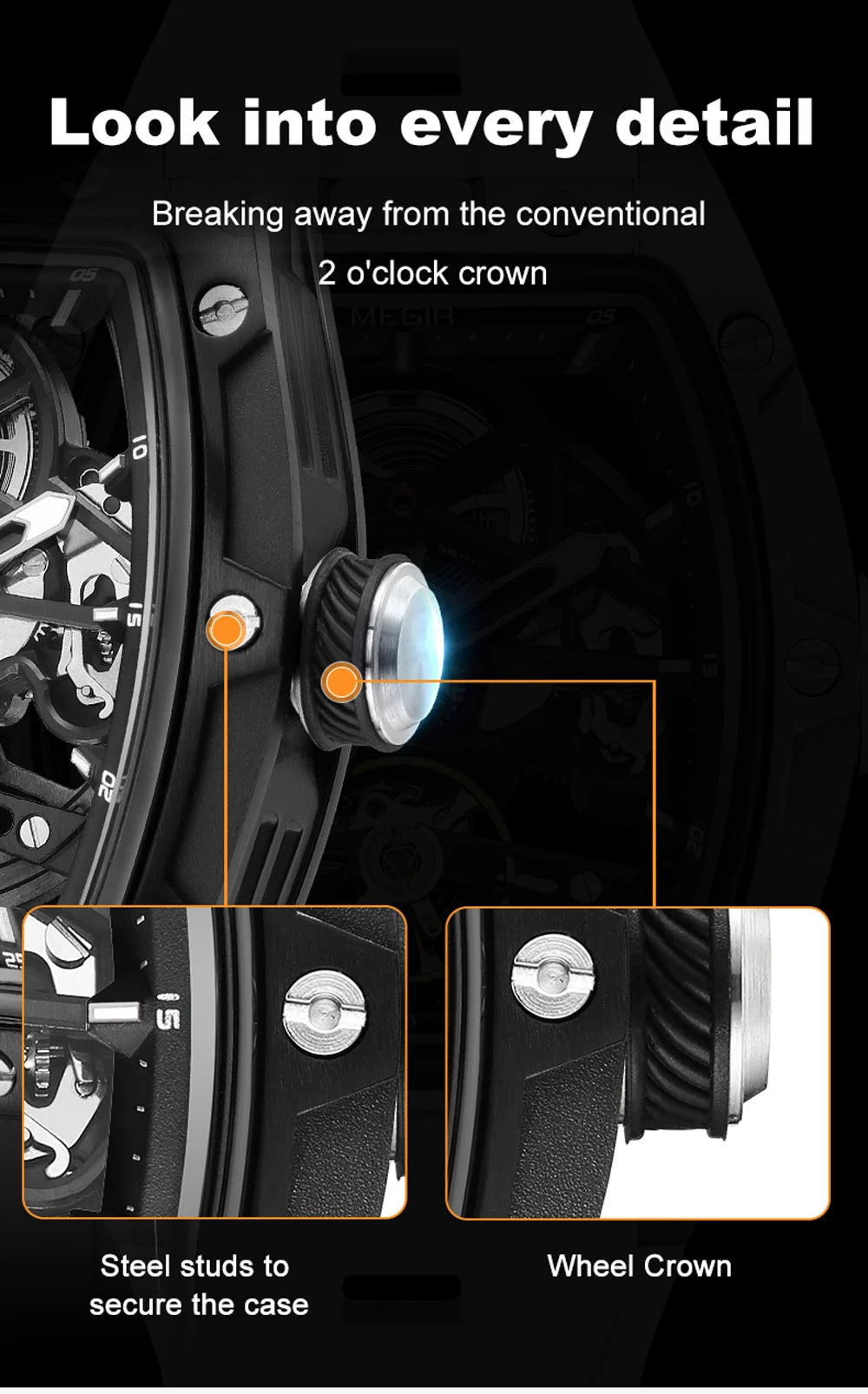 MEGIR Tonneau Skeleton Mechanical Watch Men Sport Wristwatch Silicone Strap Luxury Hollow Dial Male Automatic Mechanical Watches