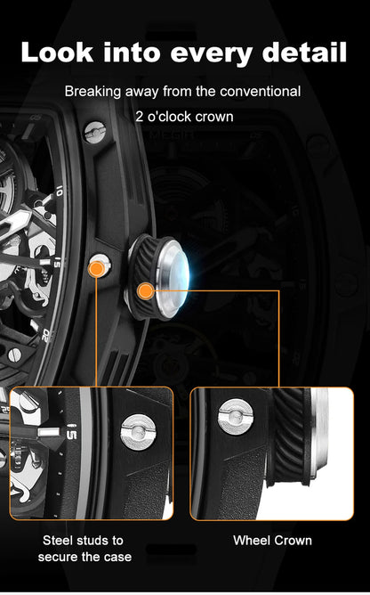 MEGIR Tonneau Skeleton Mechanical Watch Men Sport Wristwatch Silicone Strap Luxury Hollow Dial Male Automatic Mechanical Watches