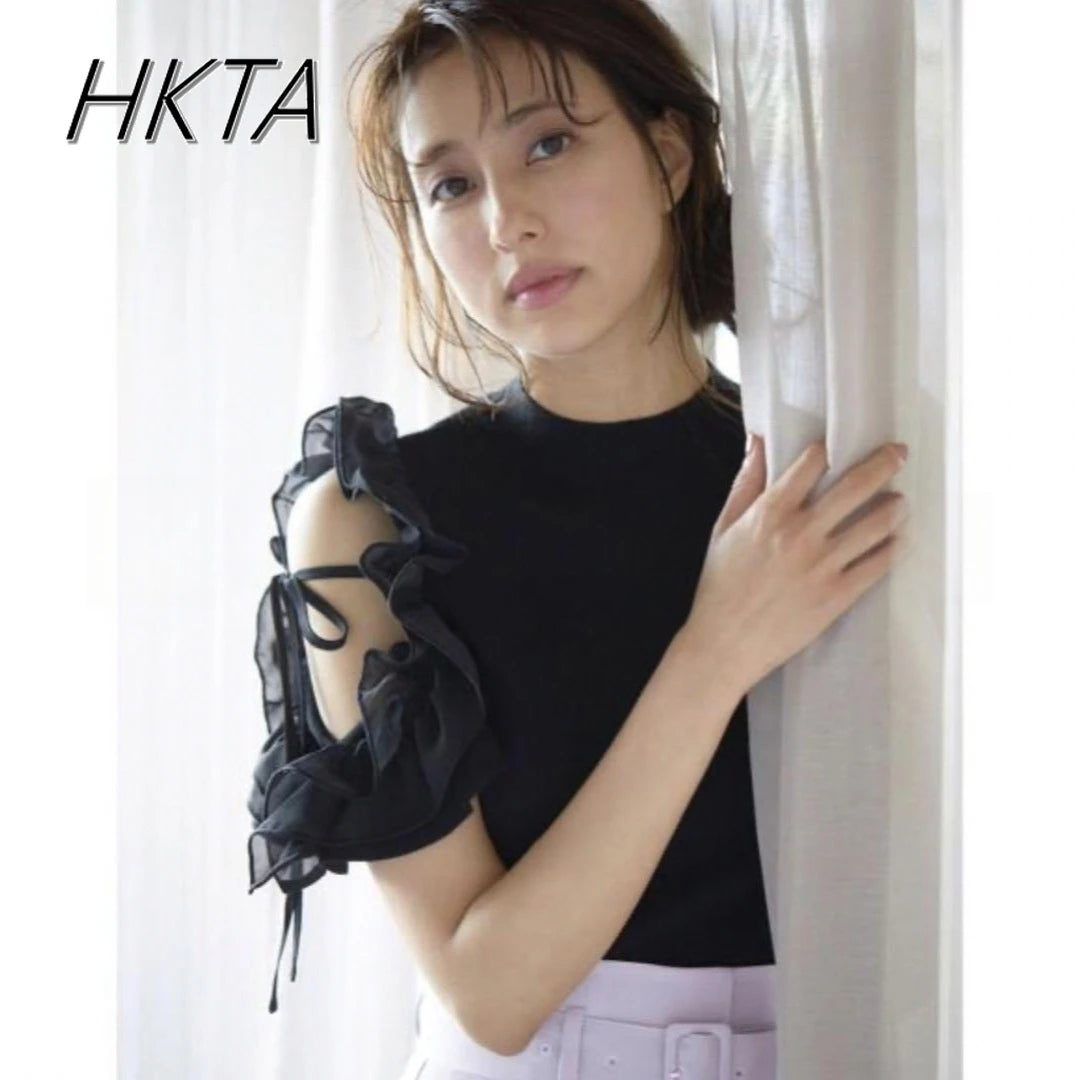 Japanese Off Shoulder Ruffle Edge Slim Short Sleeve Tshirt Women Sweet Elegant Knitted T Shirt Girl Commuting Short White Top