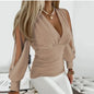 Autumn Women Long Sleeve Blouses Shirt V Neck Lantern Sleeves Elastic Waist Shirts For Women Office Tops