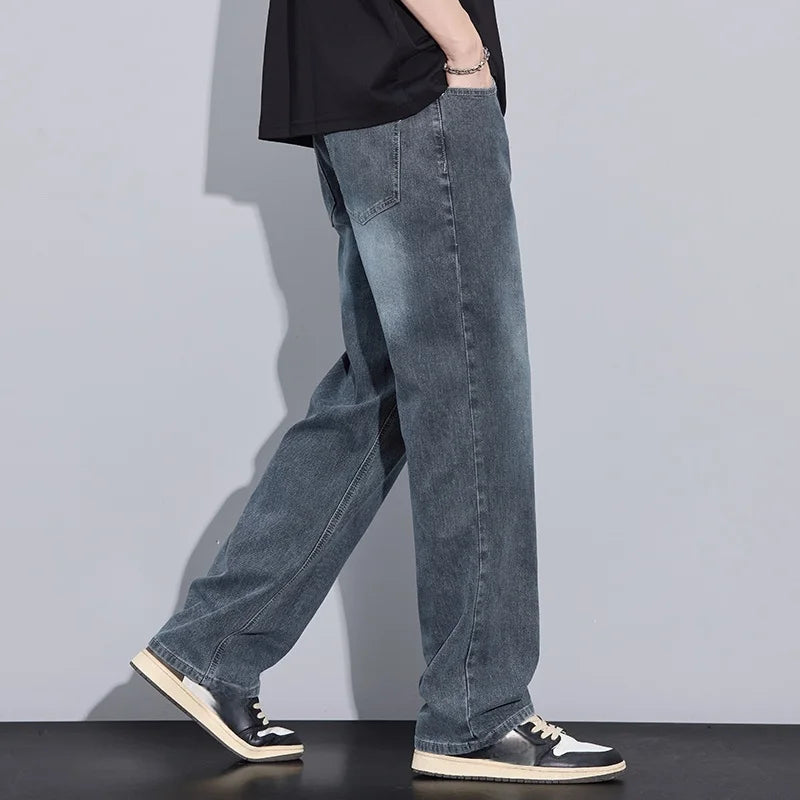 New Arrival American Vintage Wide Leg Elastic Denim Pants for Men Loose Straight Fit Flowy Versatile Casual Pants