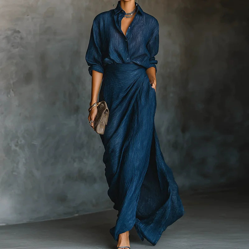 Solid Cardigan Top Maxi Skirts 2PCS Sets, Women Spring Autumn Turn-Down Collar Simple Outfit, Long Sleeve Fashion Ladies Suits