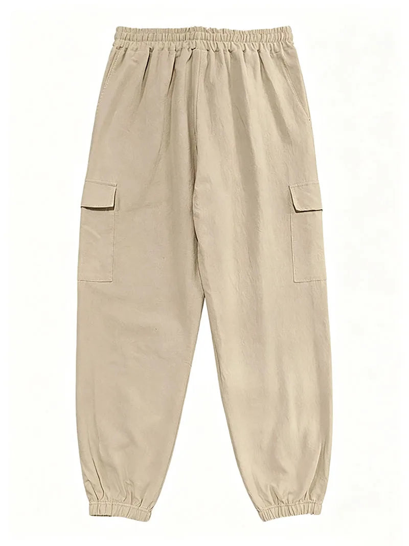 Men's Cotton Linen Blend Cargo Jogger Pants Elastic Waist Drawstring Multi Pockets Casual Breathable Streetwear Trousers for Men