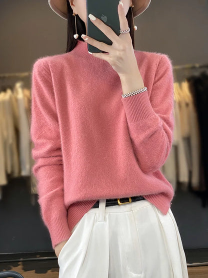 100% Mink Cashmere Sweater Women's Half High Collar Pullover Long Sleeve Cashmere Knitwear Fashion Autumn Winter Female Clothing