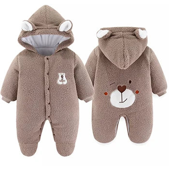 Cute Plush Bear Baby Boy Romper Infant Girl Overall Jumpsuit Autumn Winter Warm Fleece Hooded Baby Rompers Newborn Clothes 0-12M