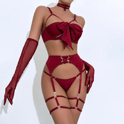 sexy lingerie set Bow bra Black Temptation Bra Set Belt Hollowed Out Gathering Four Piece underwear women Set Erotic Sleepwear