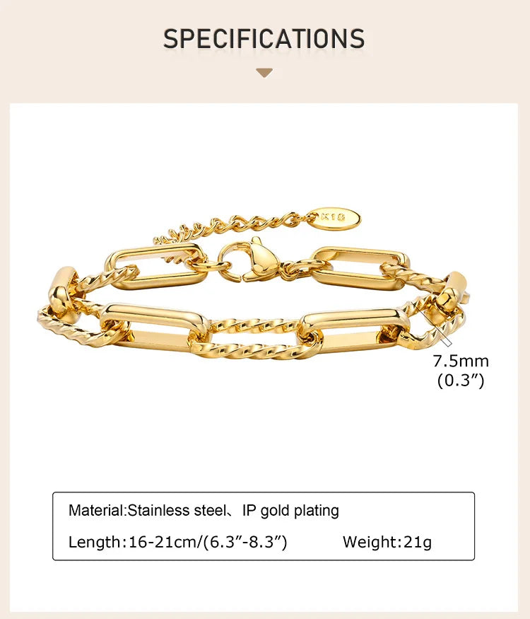 Women Stainless Steel Chain Bracelet,18K Gold Plated Twist Paperclip Adjustable Link Bracelet,Chunky Stackable Layered Jewelry
