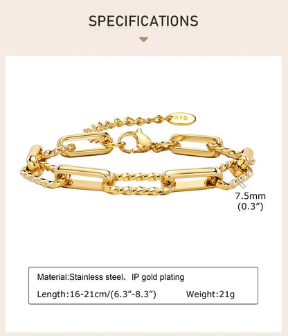 Women Stainless Steel Chain Bracelet,18K Gold Plated Twist Paperclip Adjustable Link Bracelet,Chunky Stackable Layered Jewelry