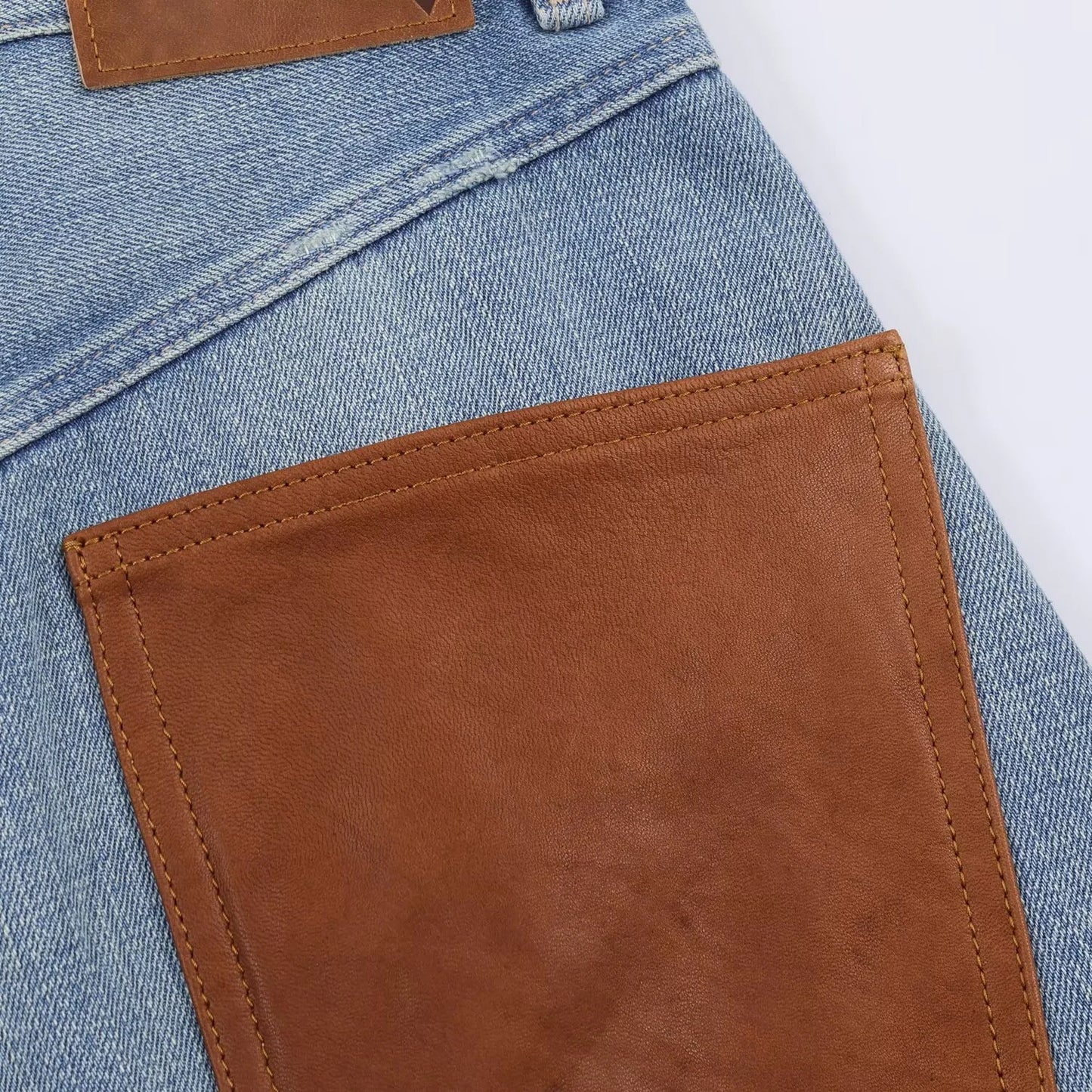 Female Vintage Leather Pocket Jeans Women Blue Zipper Straight Loose Trousers Lady New Fashion Daily Casual Spring Pants 2026