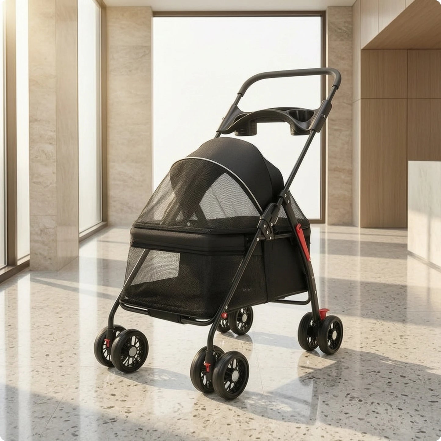 Pet Stroller with Storage Basket 4-Wheel Foldable Pet Stroller Collapsible Breathable for Small Dogs, Outdoor Walks, Travel