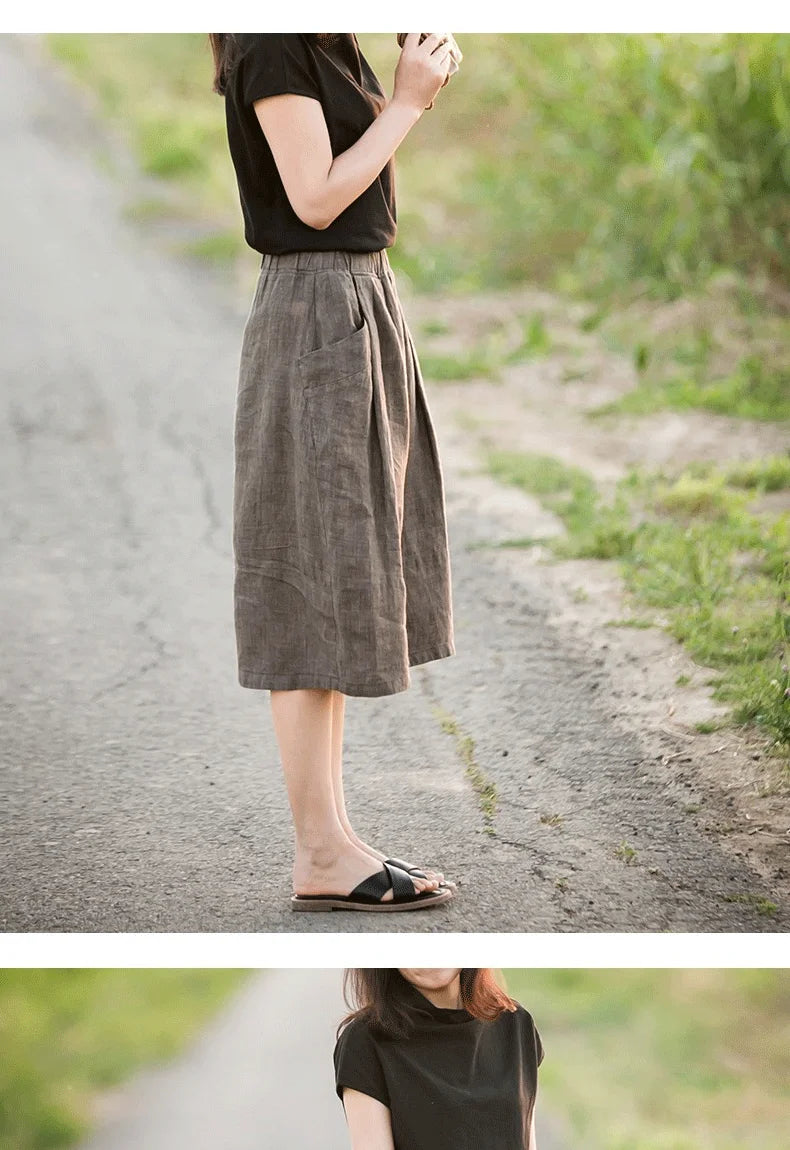 New Cotton and Hemp Half Length Skirt for Women in Summer, A-line Medium Length Skirt, High Waist, Loose Elastic Waist Skirt