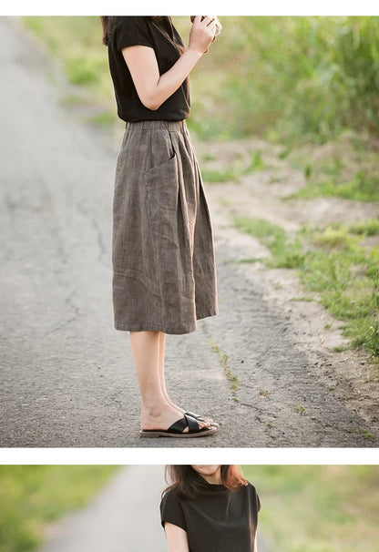 New Cotton and Hemp Half Length Skirt for Women in Summer, A-line Medium Length Skirt, High Waist, Loose Elastic Waist Skirt