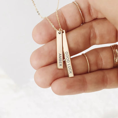 EManco Stainless Steel Long Engraved Necklace Double Pendant Name Personalized Engraved Necklace Birthday Gift