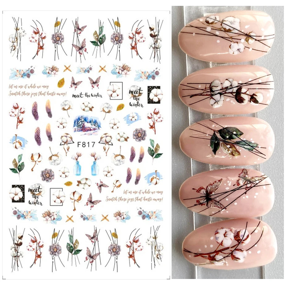 Black and White Love Flowers Line Art 3D Stickers Nail Decals Nail Art Accessories Butterfly Rose Nail Stickers Nail Sliders