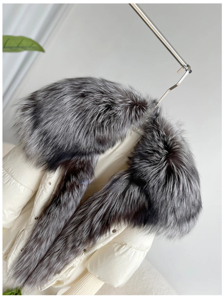 Oversized Winter Warm Real Fox Fur Collar Black Down Coat Women Puffer Outerwear Jackets 2024 Autumn Winter