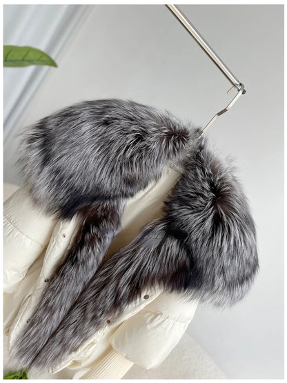 Oversized Winter Warm Real Fox Fur Collar Black Down Coat Women Puffer Outerwear Jackets 2024 Autumn Winter