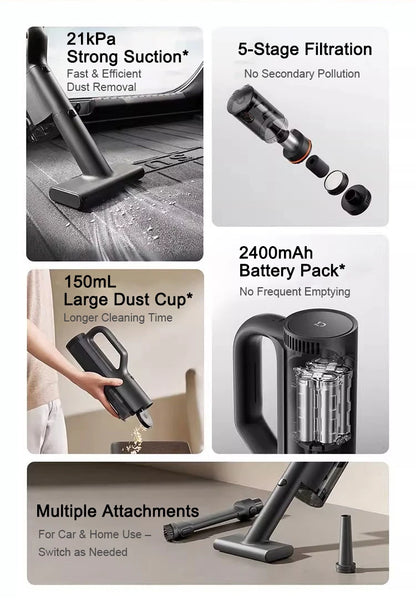 MIJIA Car Vacuum Cleaner 21kPa Suction,2400mAh Battery,Type-C Fast Charg,150mL Dust Cup,For Home Wireless Vacuum Cleaners