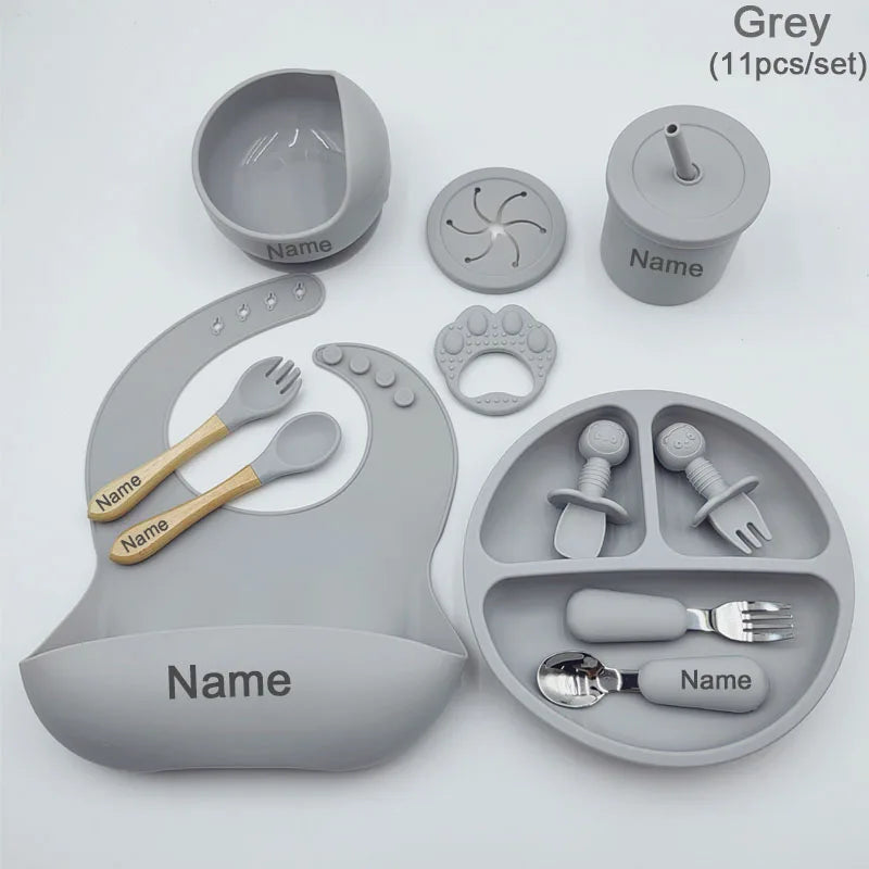 11Pcs Silicone Feeding Sets For Baby Personalized Name Children's Tableware Suction Cup Plates Bowl Spoon Feeding Cups BPA Free