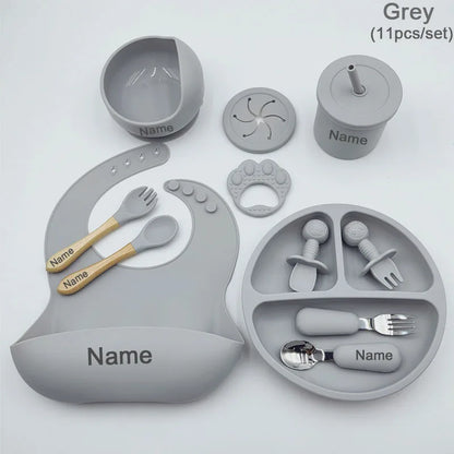 11Pcs Silicone Feeding Sets For Baby Personalized Name Children's Tableware Suction Cup Plates Bowl Spoon Feeding Cups BPA Free
