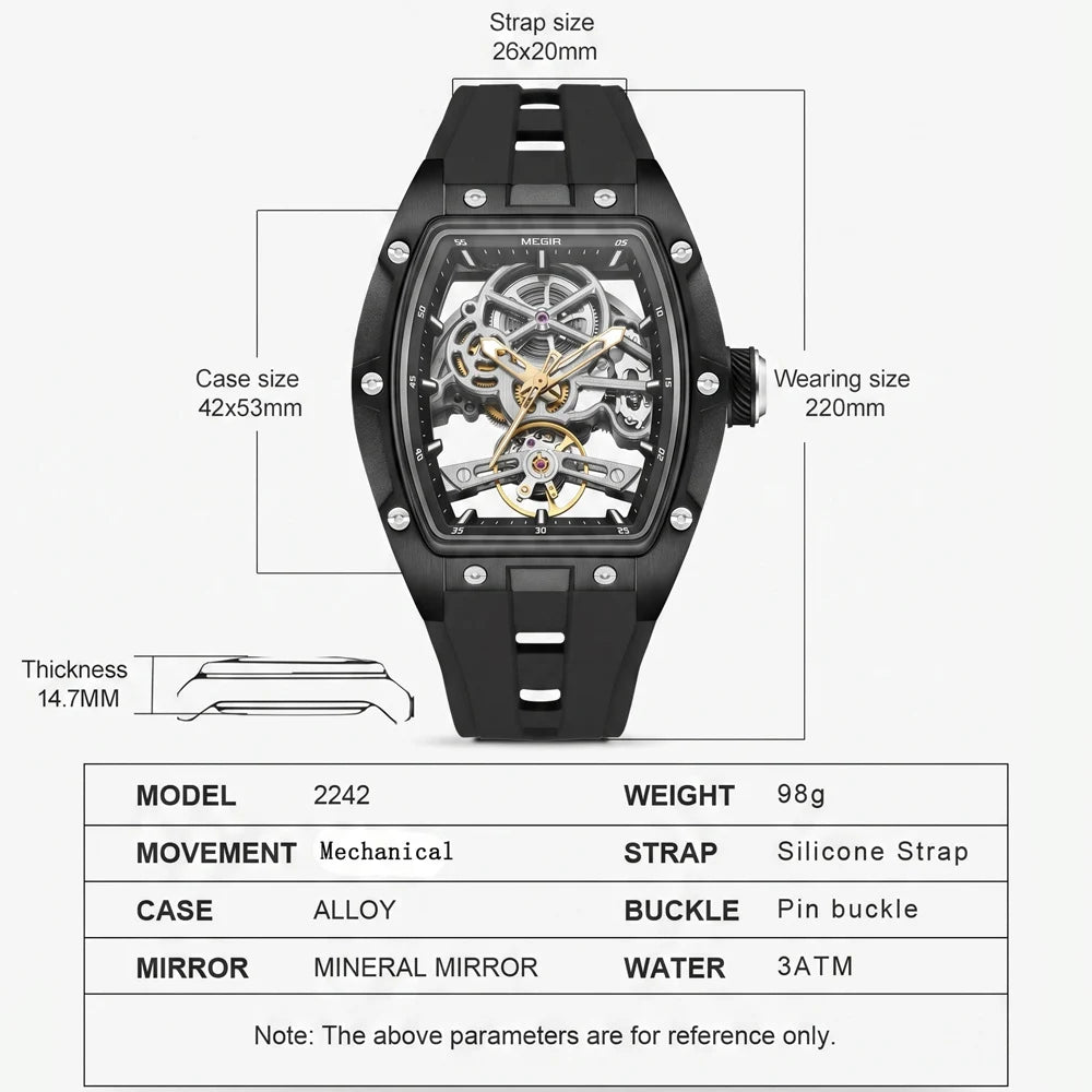 MEGIR Tonneau Skeleton Mechanical Watch Men Sport Wristwatch Silicone Strap Luxury Hollow Dial Male Automatic Mechanical Watches