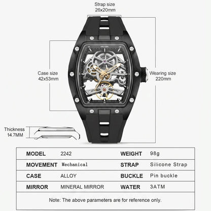 MEGIR Tonneau Skeleton Mechanical Watch Men Sport Wristwatch Silicone Strap Luxury Hollow Dial Male Automatic Mechanical Watches