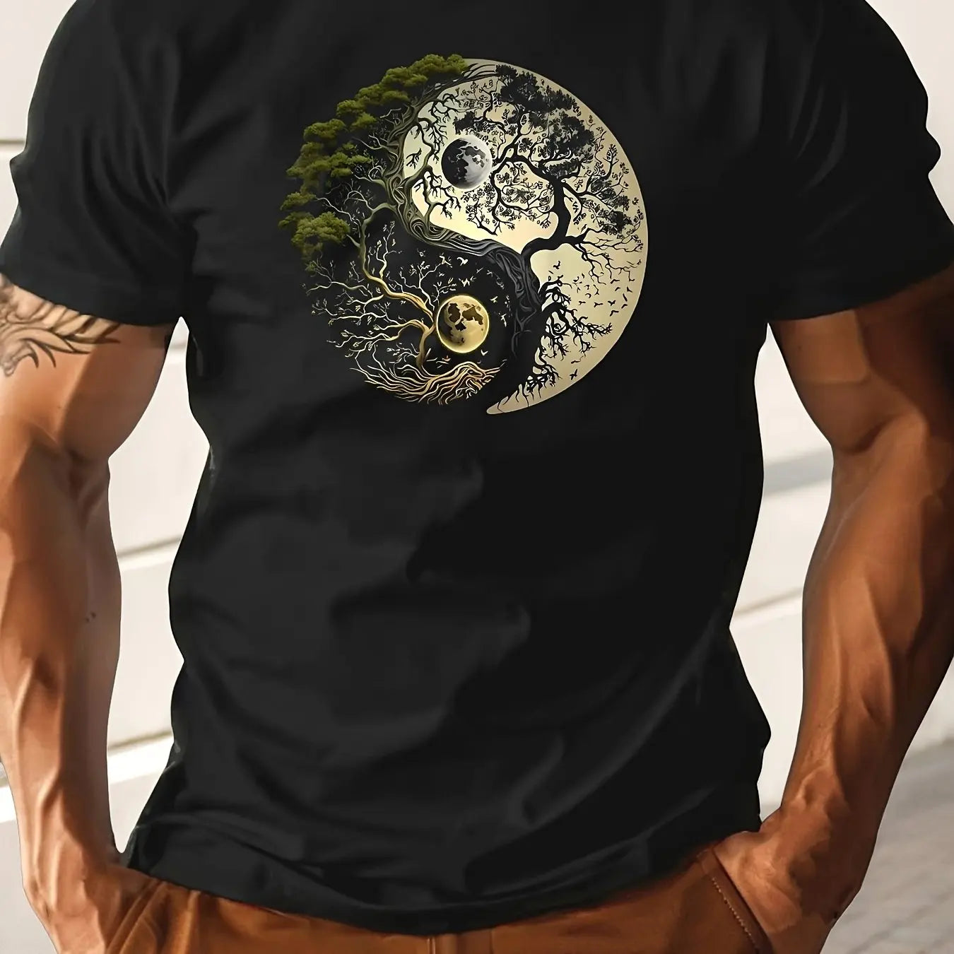 Men's Summer 100% Pure Cotton Casual Loose Sports T-Shirt Yin-Yang Tree Pattern Print round Neck Short-Sleeved Top